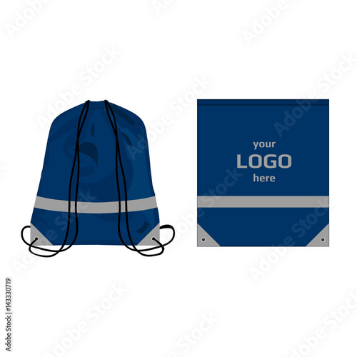 Visibility drawstring bag blue navy color with reflective parts and place for logo, isolated vector.
