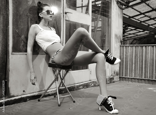 sexy glamour girl outdoor in black and white