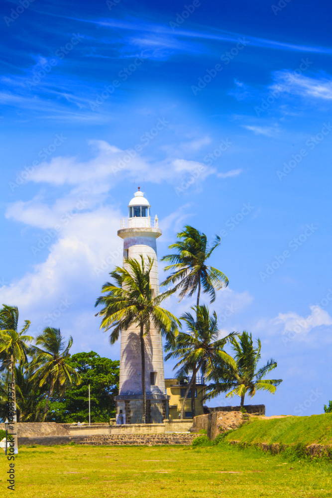 Beautiful view of the famous lighthouse in Fort Galle, Sri Lanka, on a sunny day