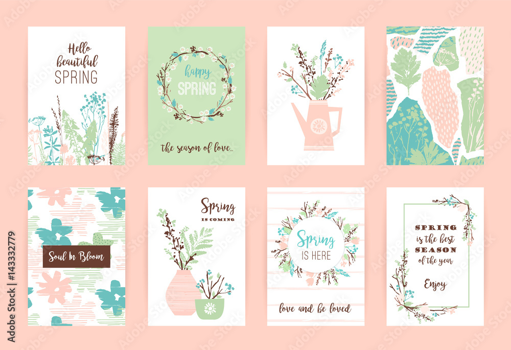 Set of artistic creative spring cards.