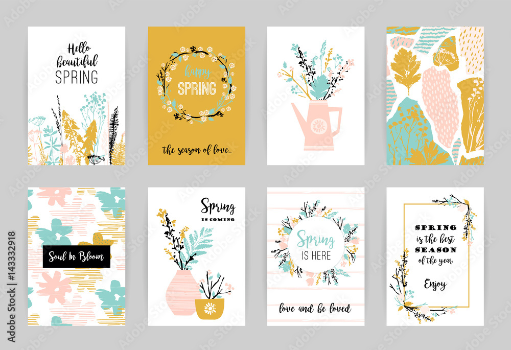 Set of artistic creative spring cards.