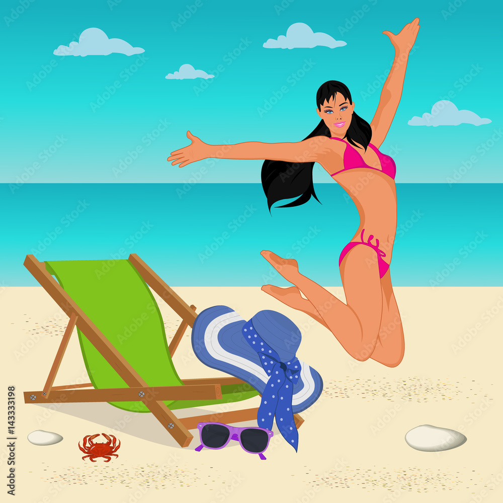 jumping girl on the beach, vector illustration