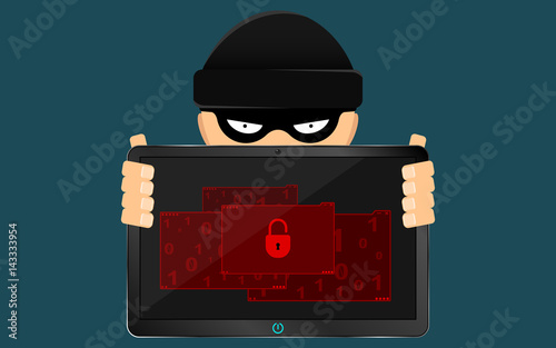 A hacker and a rascal are holding a broken tablet in their hands. A serious problem, the loss of data. Flat style. Many open folders