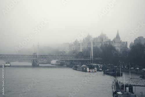 Fog in London view from the Thames River 