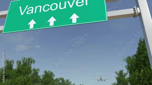 Airplane arriving to Vancouver airport. Travelling to Canada conceptual 4K animation photo