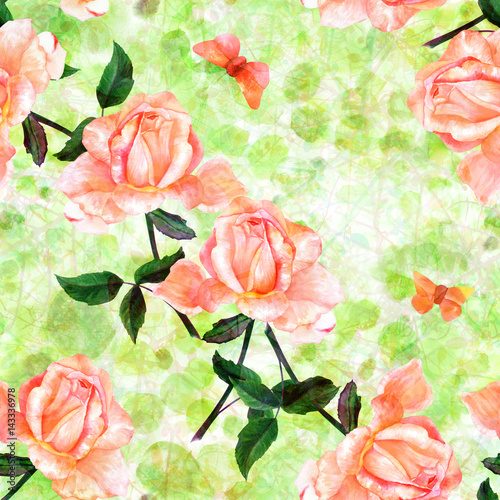 Seamless pattern with watercolor roses and butterfles on green