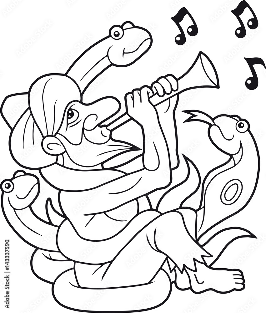 Cartoon snake charmer plays on the pipe
Cartoon snake charmer plays on the pipe