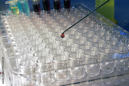 HIV / Anthrax Research PCR Plate with syringe needle and a drop of blood photo