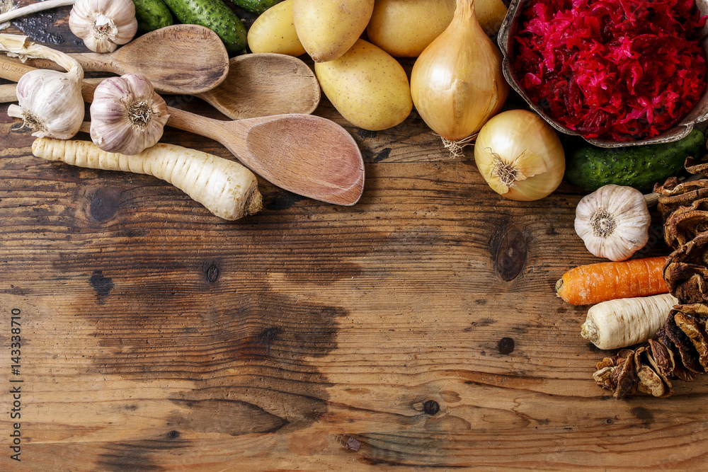 Mixed vegetables on old wooden table Mixed vegetables on old wooden table