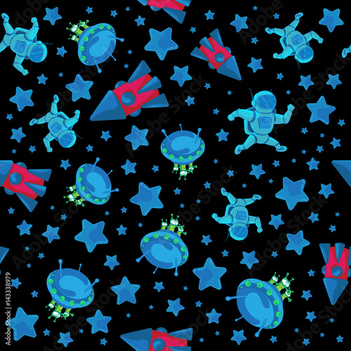 Tapety Wektor kolorowy wzór do 12 kwietnia kosmonautyka dzień. Astronauta lub kosmonauta w kosmosie z latającą rakietą i UFO na czarnym tle. Może być stosowany do drukowania na tekstyliach.