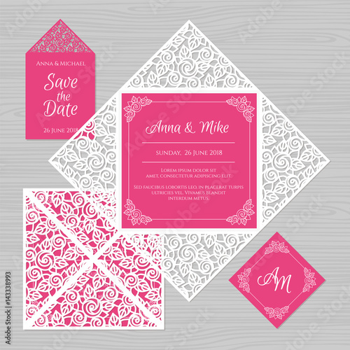Wedding invitation or greeting card with floral ornament. Paper lace envelope template. Wedding invitation envelope mock-up for laser cutting. Vector illustration.