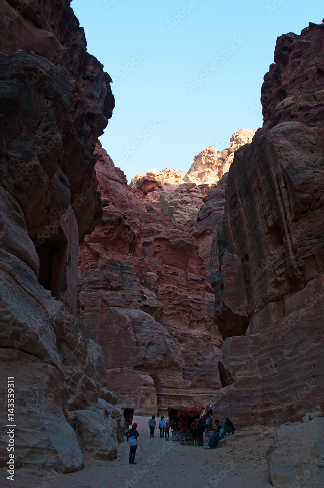 Giordania, Medio Oriente 2/10/2013: le diverse forme, i colori e le sfumature delle rocce rosse nel canyon del Siq, l'ingresso principale alla città di Petra