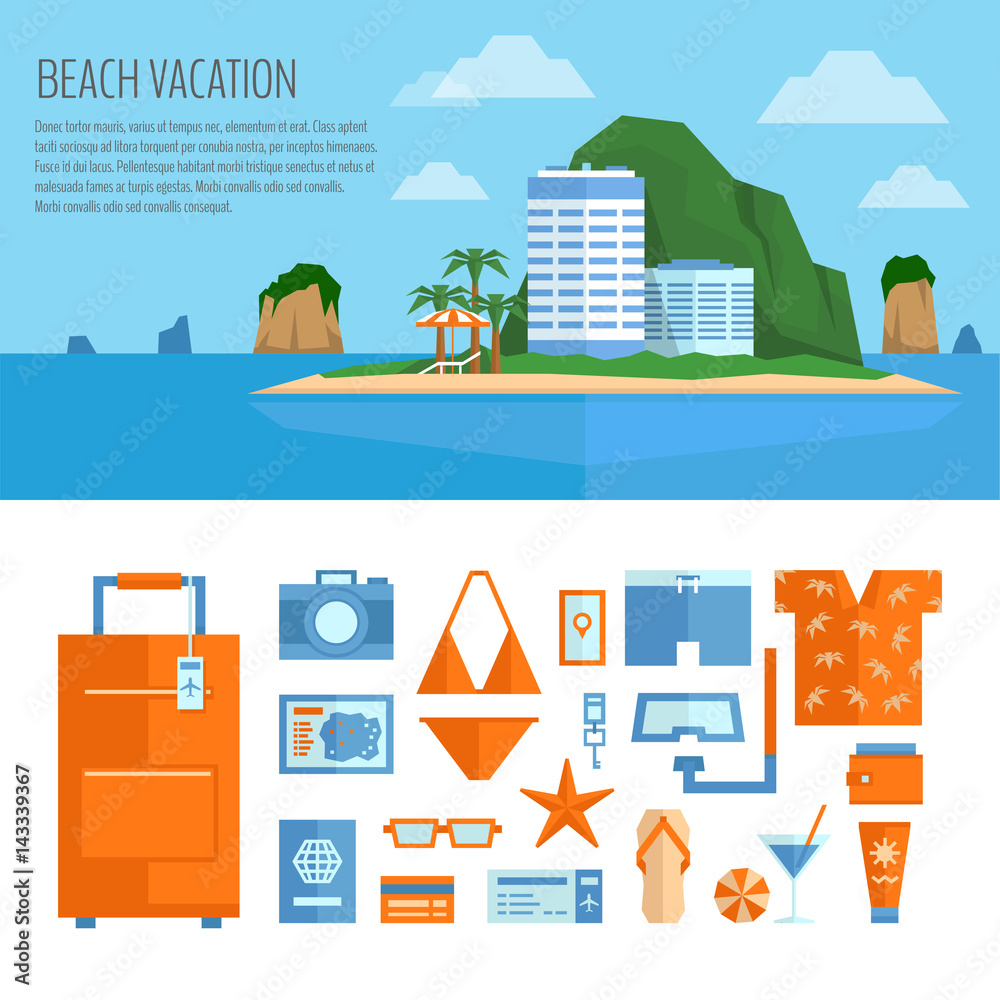 Beach vacation banner and object set. Things for summer travel. Traveling, tourism, vacation illustration and icons set. Flat style, vector.