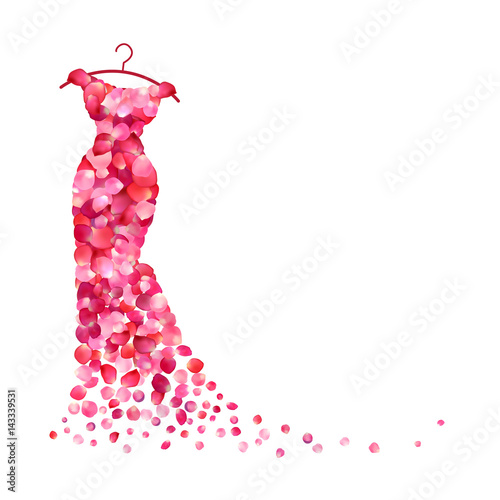 White background with dress of pink petals