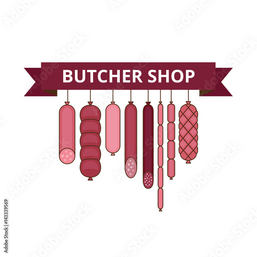 Butcher shop banner. Meat and barbecue sausage products. Various sausages. Flat style. Vector illustration.