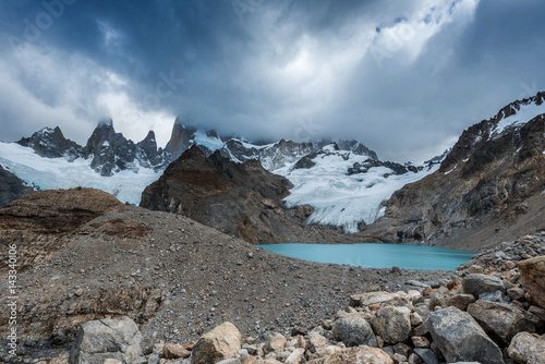 Laguna de Los Tres at base of Mount Fitz Roy in Patagonia in Argentina on a cloudy day