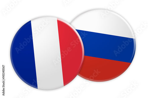 News Concept: France Flag Button On Russia Flag Button, 3d illustration on white background