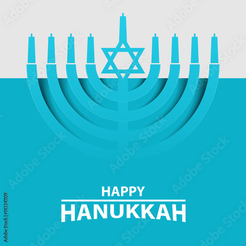 Hanukkah Menorah on Light Blue Background. Happy Hanukkah text typography.