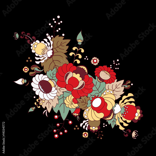 stock vector abstract hand draw flower and wave, doodle bouquet. oriental or arabic, russia art background. template for card. banner