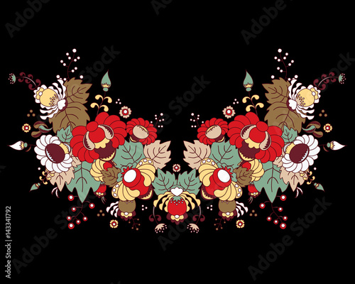 stock vector flowers and leaf ornament. oriental or russian pattern.necklace embroidery design