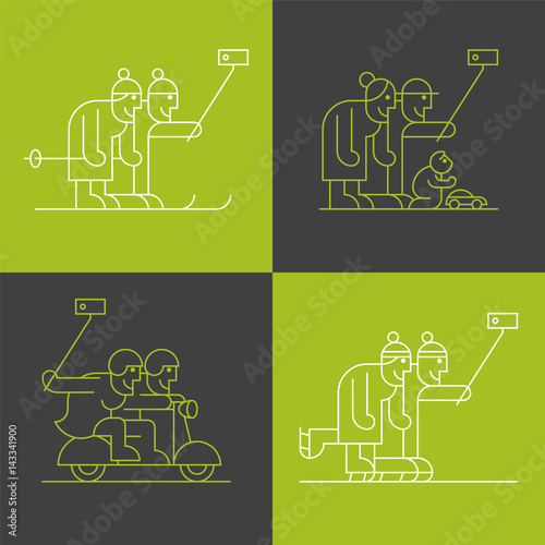 Set of old people making selfie with phone and stick vector