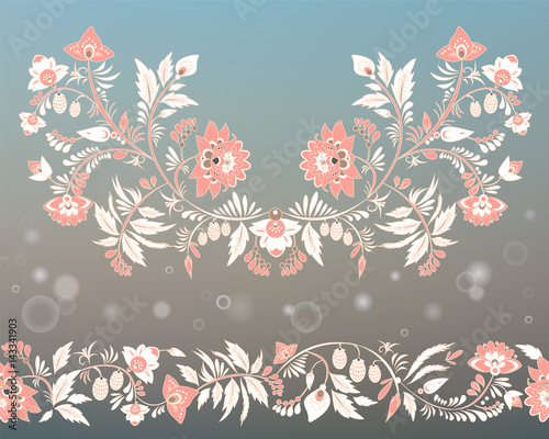 stock vector flowers and leaf ornament. oriental or russian pattern on the blurred background.necklace embroidery design