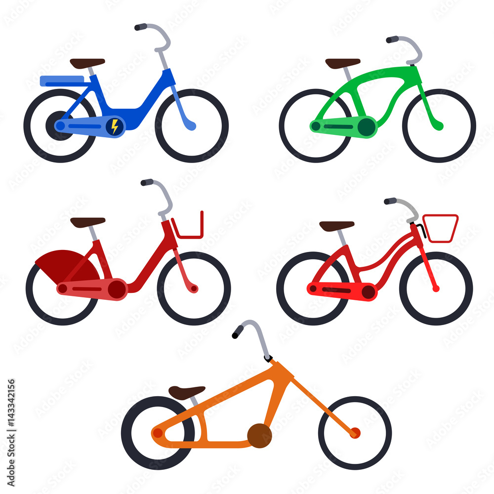 Fototapeta premium Color set of bicycles silhouette icons. Vector isolated clipart