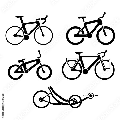 Black and white set of bicycles silhouette icons. Vector isolated clipart