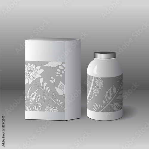 set of cardboard package and glass of bottle on the grey background. mock up, template. stock vector