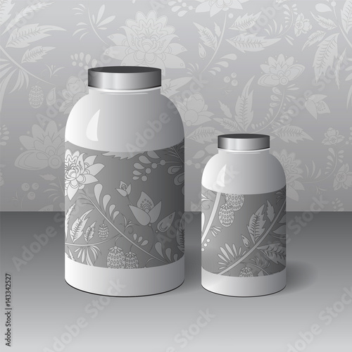 set of cardboard package and glass of bottle on the grey background. mock up, template. stock vector