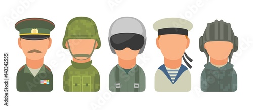 Set icon character russian military people. Soldier, officer, pilot, marine, trooper, sailor. Vector flat illustration on white background