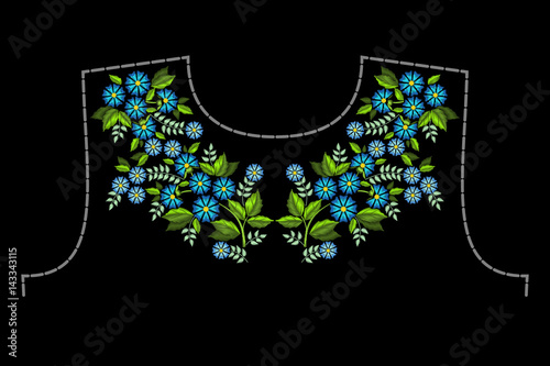 Stylish, fashionable, bright floral arrangements of summer wild flowers for embroidery textile products. A pattern for decorating the neck of clothing.