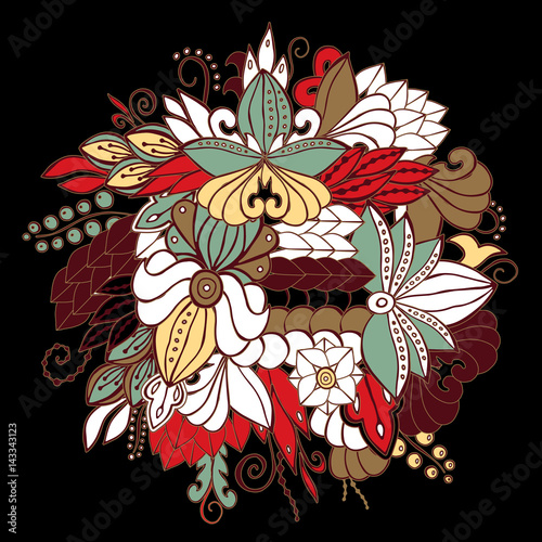 stock vector abstract hand draw flower and wave, doodle bouquet. oriental or arabic, russia art background. template for card. banner