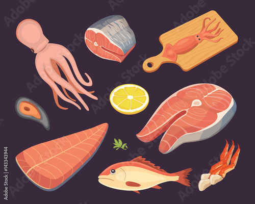 Vector Seafood illustrations set flat fresh fish and crab. Lobster and oyster, shrimp and menu, octopus animal, shellfish lemon