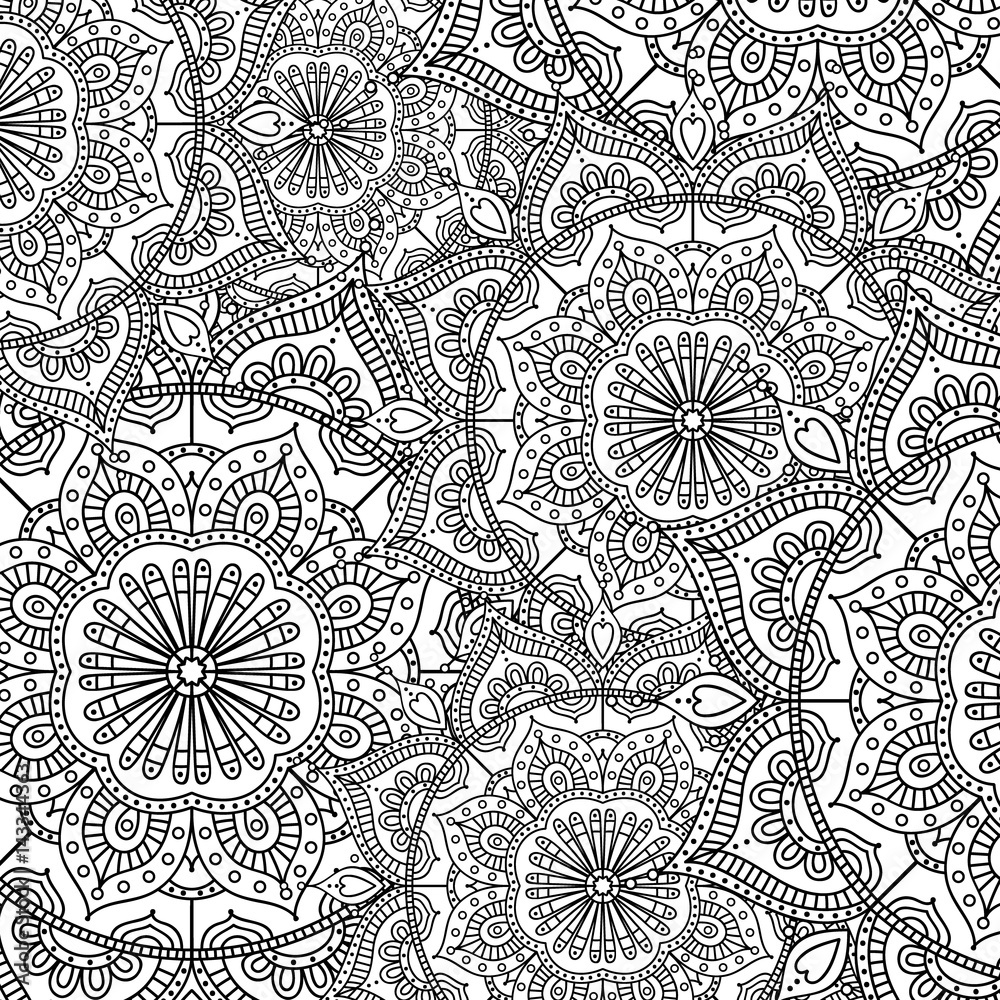 Doodle pattern with ethnic mandala ornament. Black and white ...