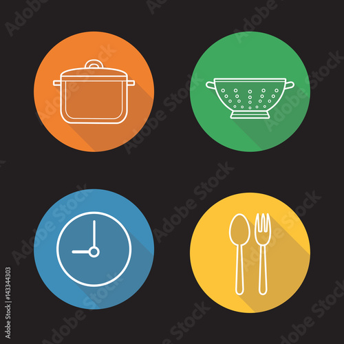 Mealtime flat linear long shadow icons set