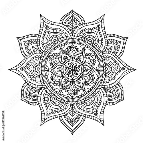 Vector hand drawn doodle tribal mandala. Ethnic mandala with ornament and dots. Isolated. Black and white colors. Outline. Coloring page for everybody.