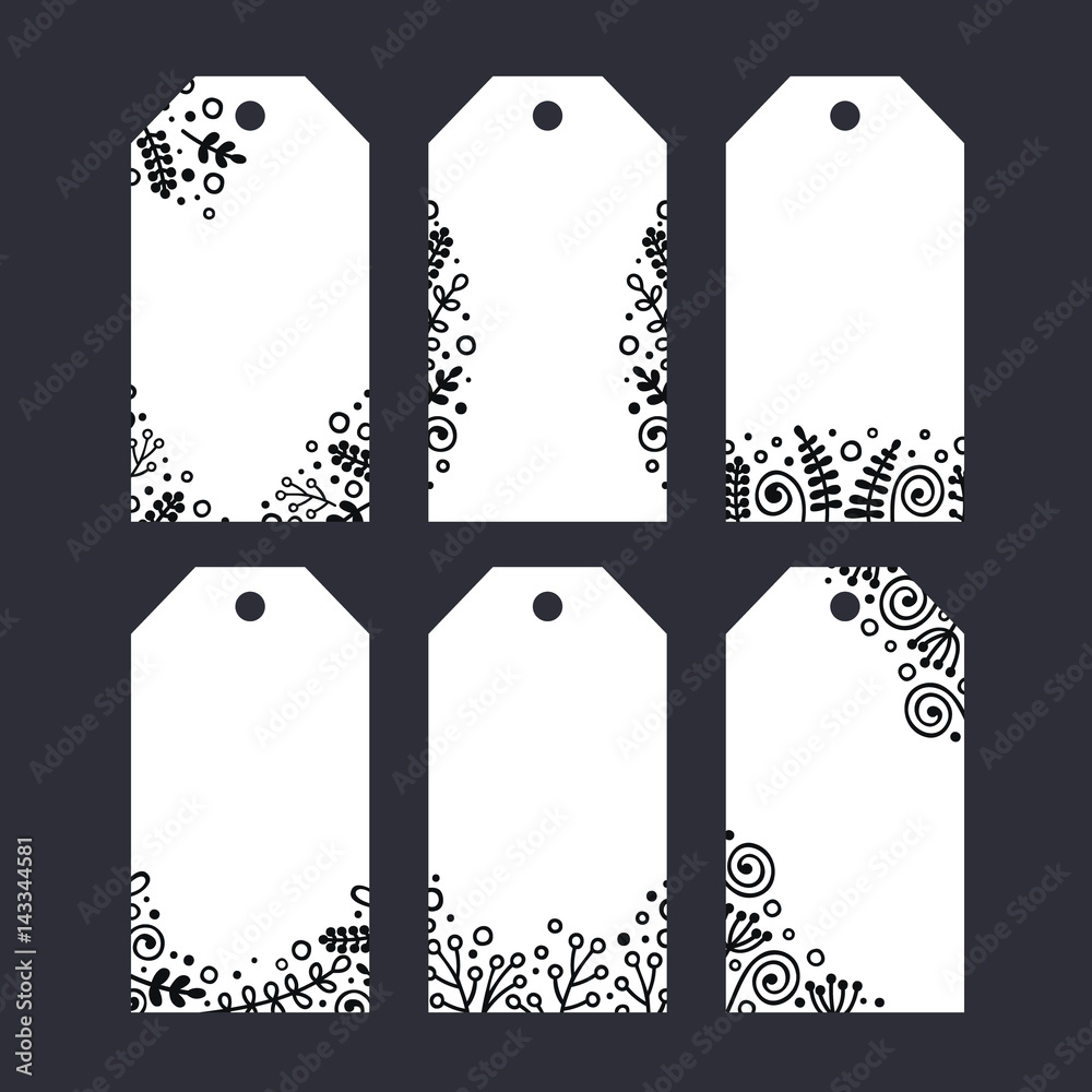 Set of six printable tags with hand drawn decor. Isolated. Floral design, vector illustration.  Doodle flowers, dots, curl, bubble. Black and white colors.