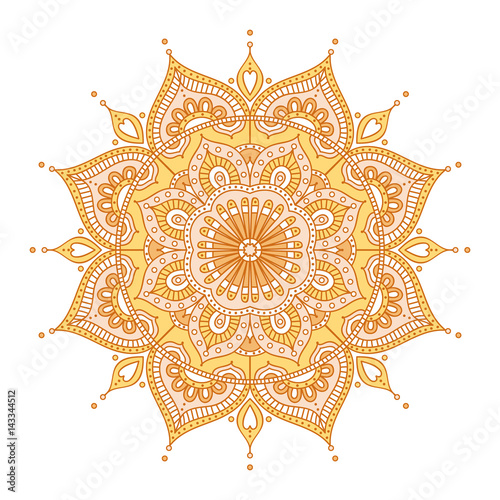 Vector hand drawn doodle mandala with hearts. Ethnic gold mandala with ornament. Isolated. On white background.