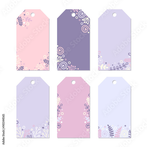 Set of six printable tags with hand drawn decor. Isolated. Collection of doodle spring label. Floral design, vector illustration. Pastel colors - pink, violet, lilak, yellow and white.