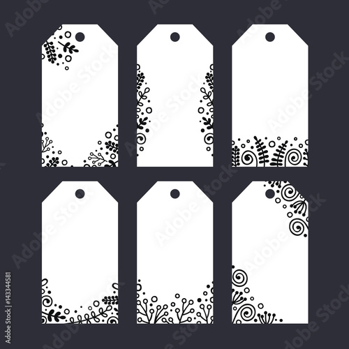 Set of six printable tags with hand drawn decor. Isolated. Floral design, vector illustration.  Doodle flowers, dots, curl, bubble. Black and white colors.