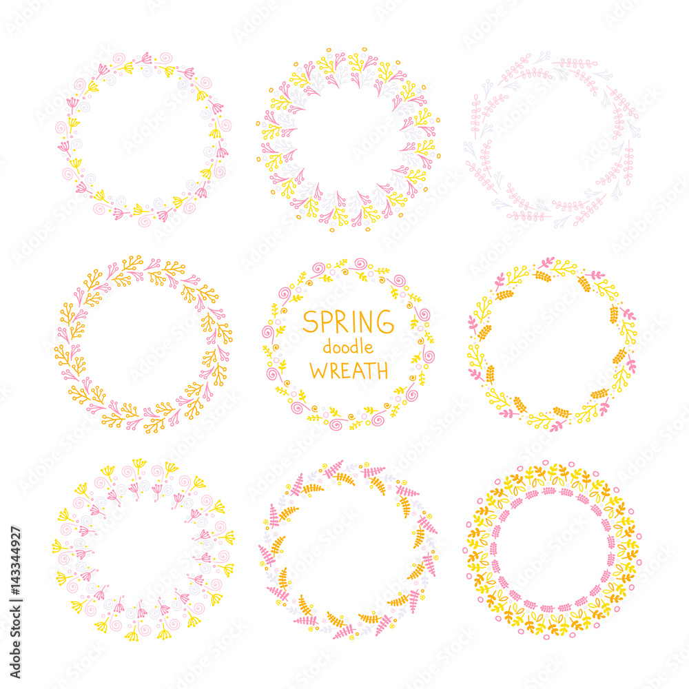 Doodle wreath. Vector hand drawn set of round floral wreaths. Spring flowers and leaves. Pink, yellow, lilac colors. Isolated. On white background. Doodle wreath. Vector hand drawn set of round floral wreaths. Spring flowers and leaves. Pink, yellow, lilac colors. Isolated. On white background.