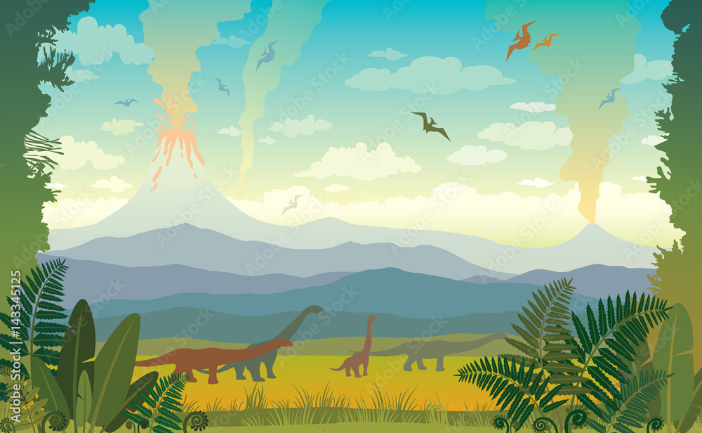 Fototapeta Prehistoryczne zwierzęta i krajobraz. Sylwetka dinozaurów.
