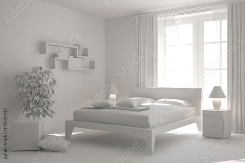 White modern bedroom. Scandinavian interior design. 3D illustration