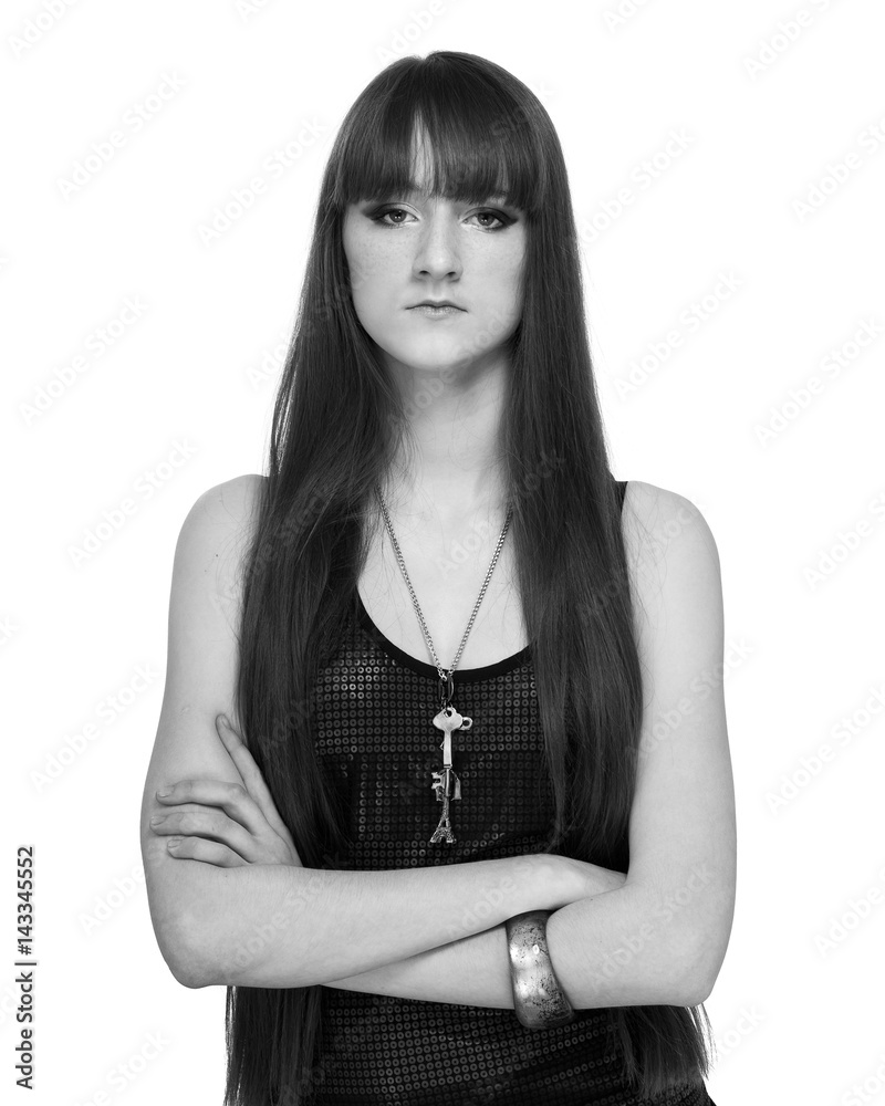 Black and white portrait of glamour young girl with beautiful long hair ...