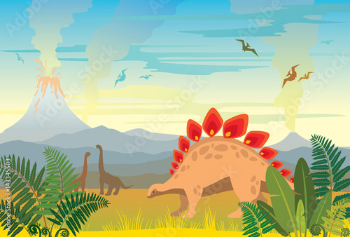 Prehistoric landscape with volcanos and dinos.