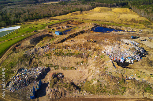 Aerial view of municipal landfill site. Typical waste treatment technology top view. Garbage pile and toxic lakes with dangerous chemicals in trash dump. photo