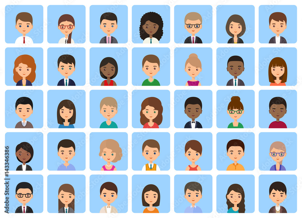 Avatars men and women. Icons faces female, male. Cartoon characters flat people isolated on blue background. Vector illustration. Avatars men and women. Icons faces female, male. Cartoon characters flat people isolated on blue background. Vector illustration.