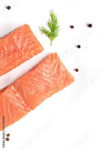 Photo of slices of salmon on white with copyspace
