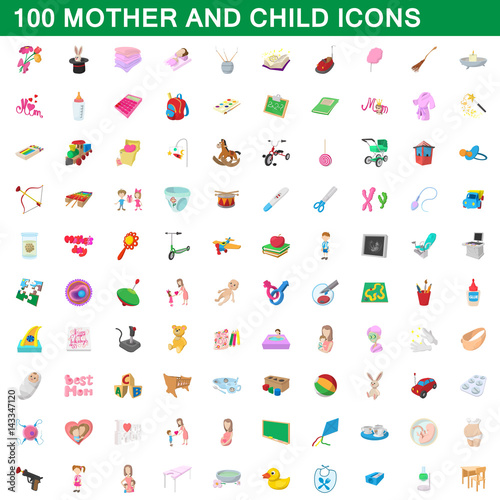 100 mother and child icons set, cartoon style